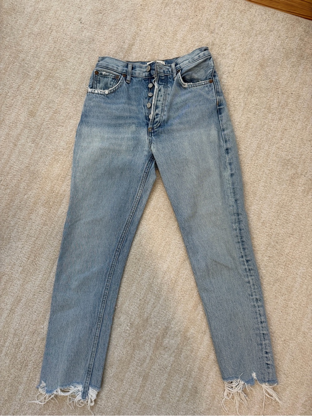 Agolde Light Blue High-Rise Straight Leg Jeans with Frayed Hem